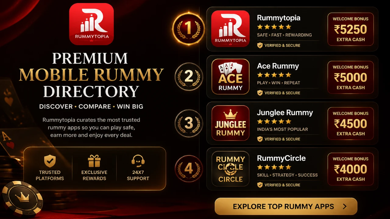 Rummytopia premium red-and-gold mobile rummy directory banner with ranked app cards, elegant reward highlights, and a cinematic dark background